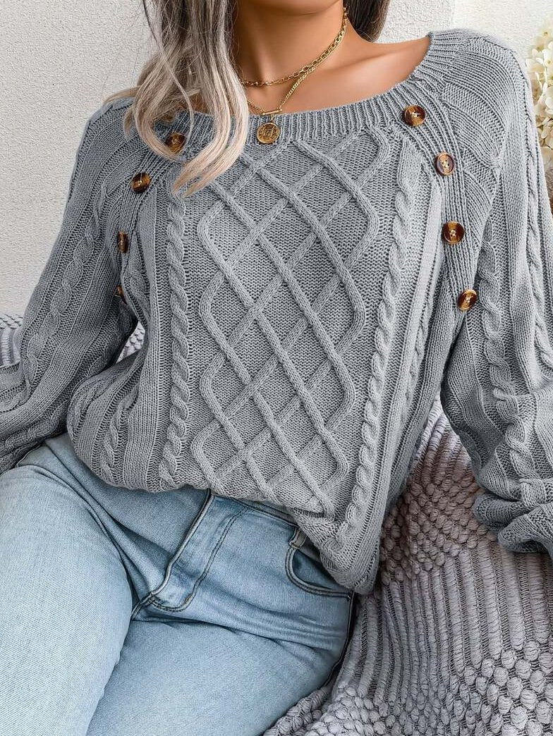 Pullover Damen Strickpullover mit Zopfmuster und Zierknöpfen