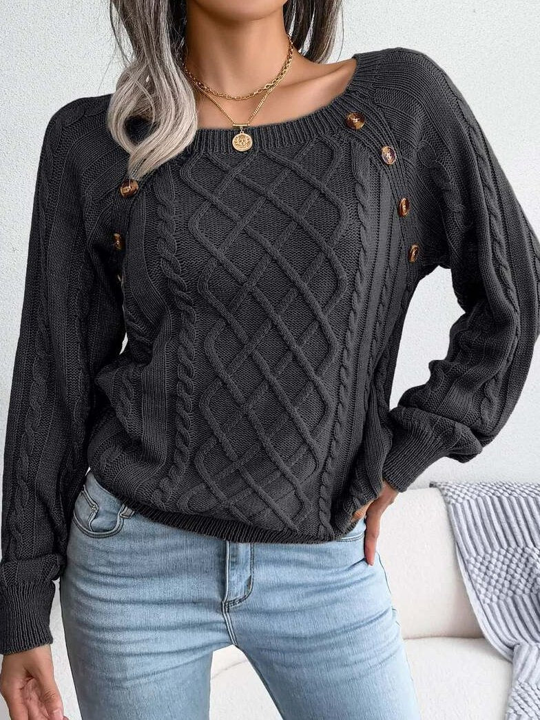 Pullover Damen Strickpullover mit Zopfmuster und Zierknöpfen