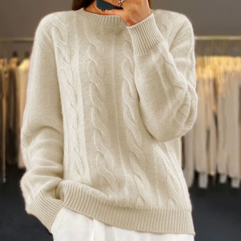 Pullover Damen mit Zopfmuster, Rundhalsausschnitt und Rippbündchen