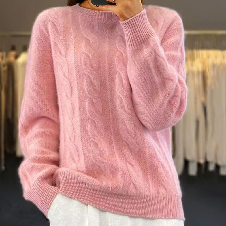 Pullover Damen mit Zopfmuster, Rundhalsausschnitt und Rippbündchen