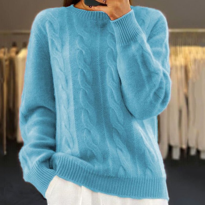 Pullover Damen mit Zopfmuster, Rundhalsausschnitt und Rippbündchen