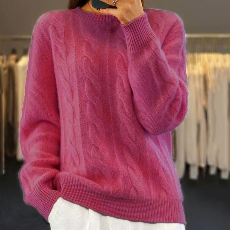 Pullover Damen mit Zopfmuster, Rundhalsausschnitt und Rippbündchen