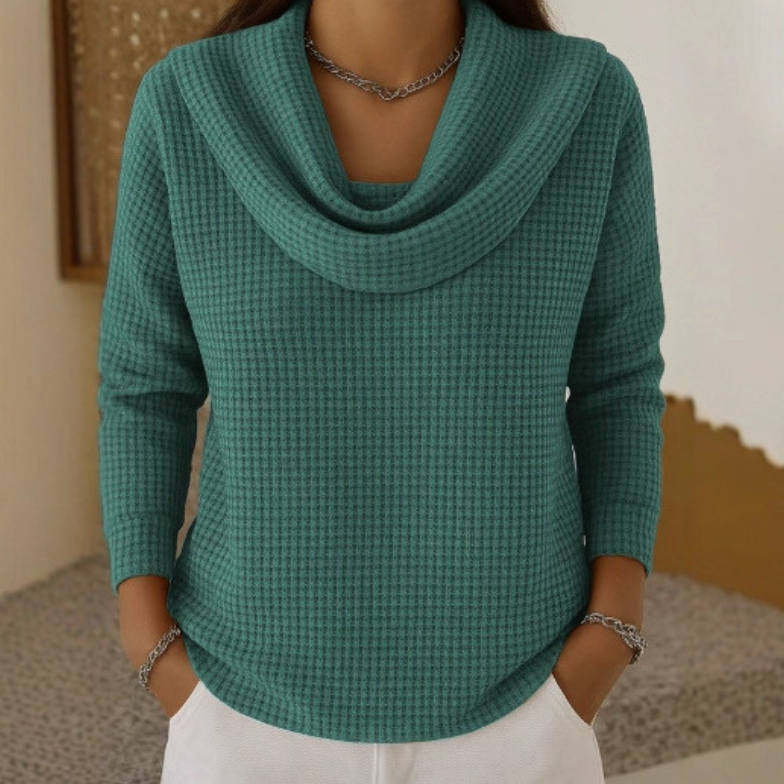 Pullover Damen mit Wasserfallkragen aus Waffelstrick langarm