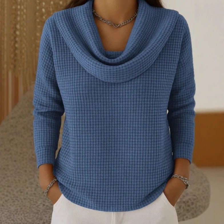 Pullover Damen mit Wasserfallkragen aus Waffelstrick langarm