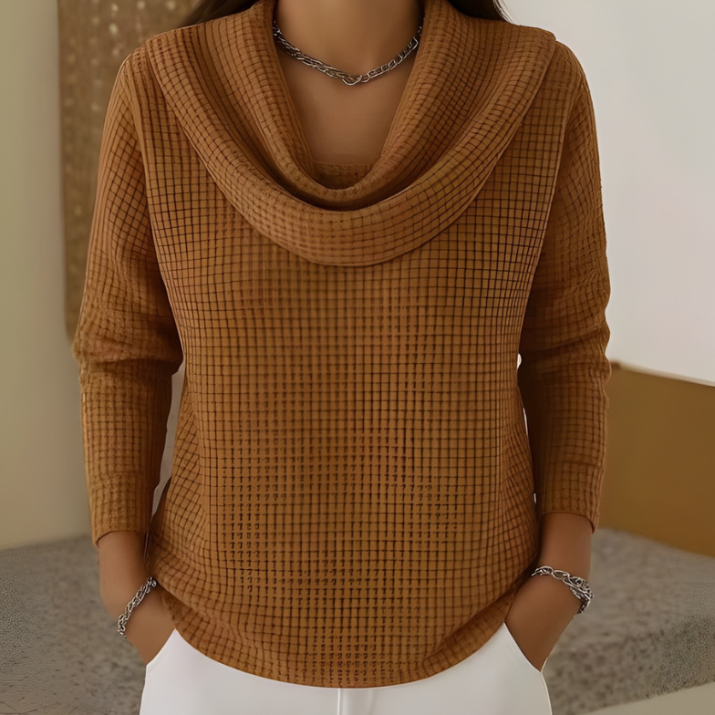 Pullover Damen mit Wasserfallkragen aus Waffelstrick langarm