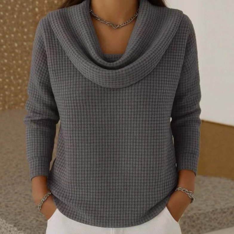 Pullover Damen mit Wasserfallkragen aus Waffelstrick langarm
