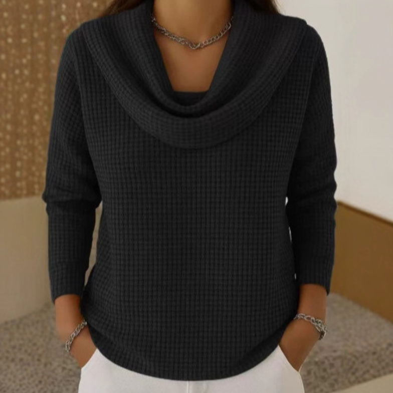 Pullover Damen mit Wasserfallkragen aus Waffelstrick langarm