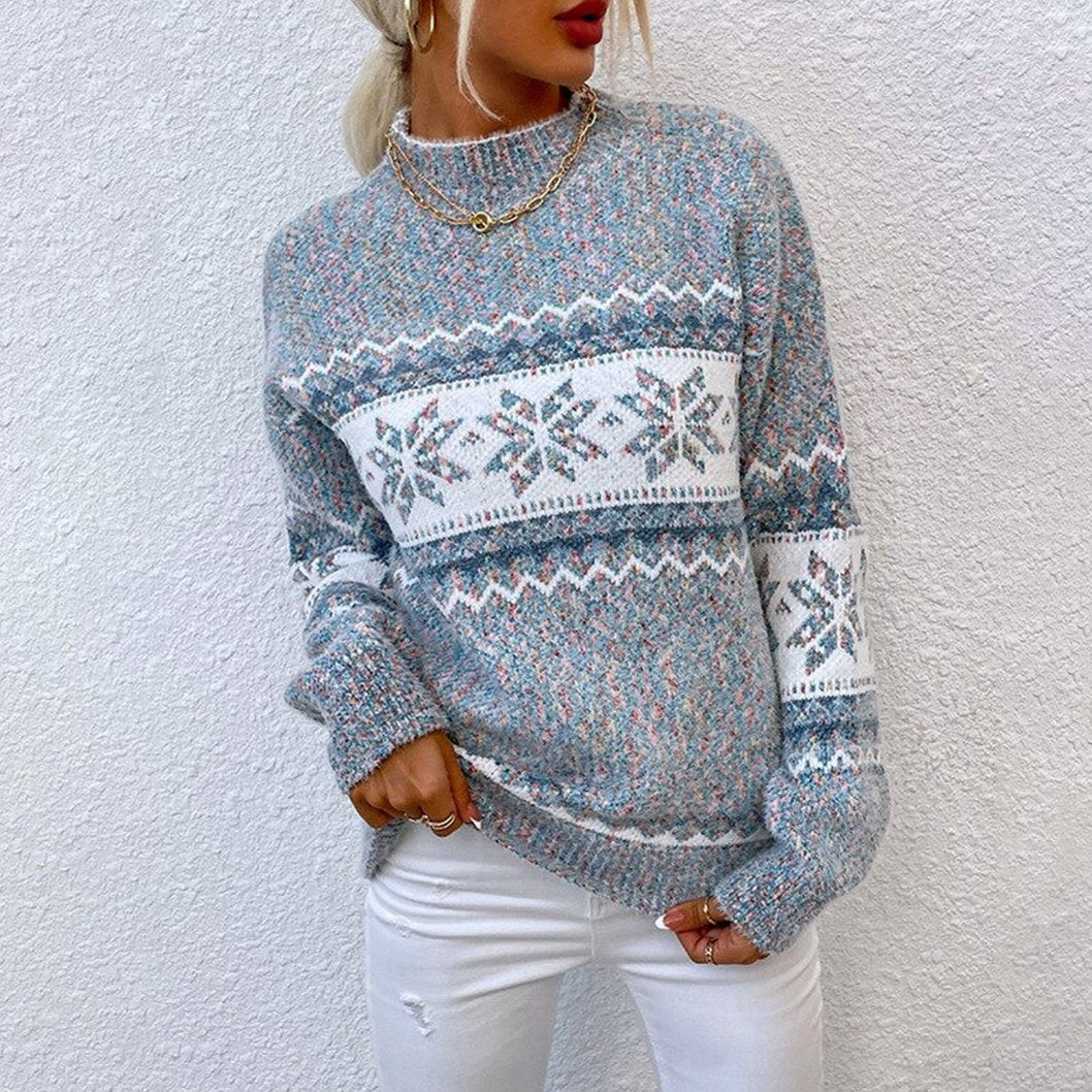 Pullover Damen Strickpullover Schneeflockenmuster Stehkragen hüftlang