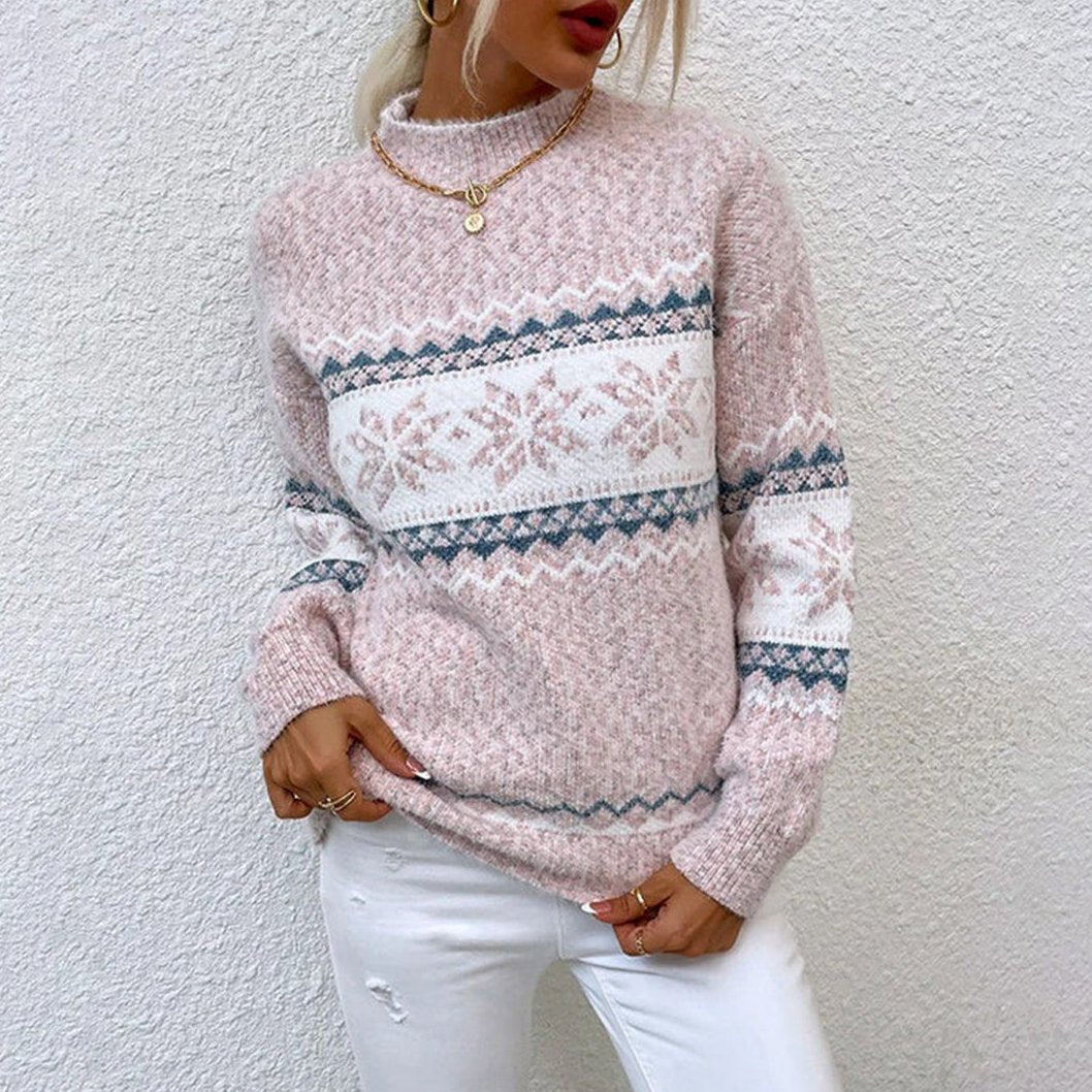Pullover Damen Strickpullover Schneeflockenmuster Stehkragen hüftlang