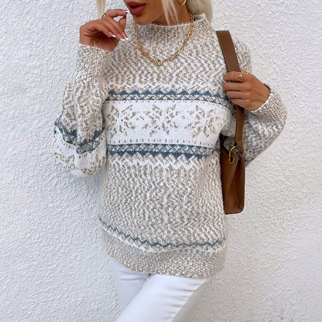 Pullover Damen Strickpullover Schneeflockenmuster Stehkragen hüftlang