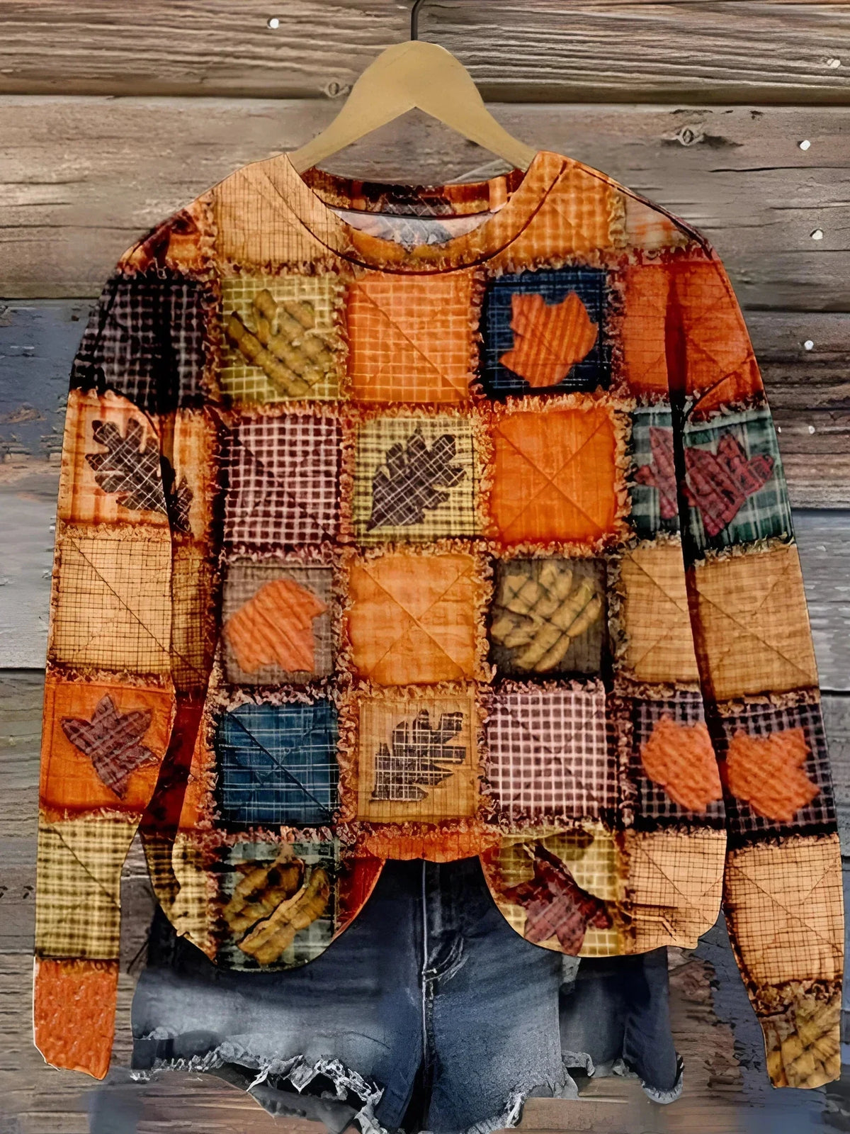 Pullover Damen mit Patchworkmuster, Rundhalsausschnitt aus Jersey
