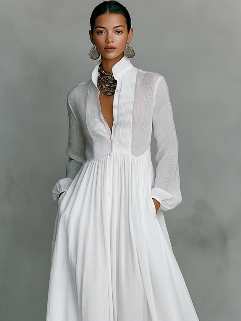 Blusenkleid Damen Maxikleid, Faltenrock, Kragen, Knopfleiste, Taschen