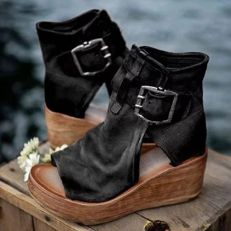 Stiefeletten Damen mit Keilabsatz und Schnalle in Lederoptik