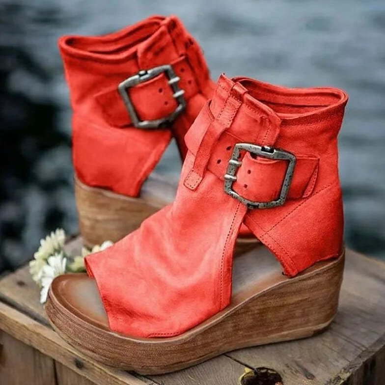 Stiefeletten Damen mit Keilabsatz und Schnalle in Lederoptik