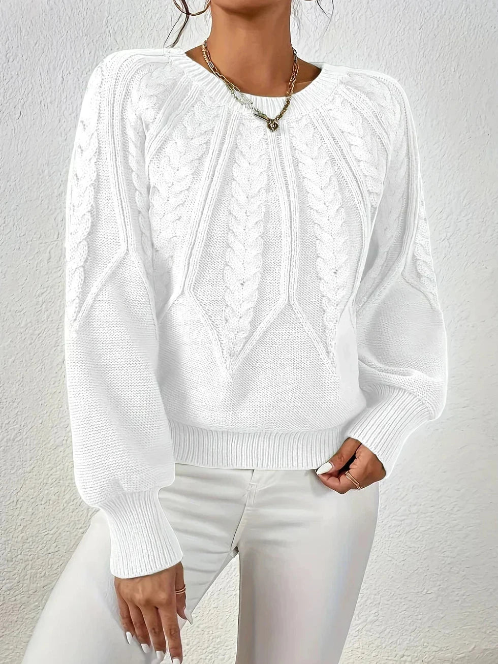 Pullover Damen mit Zopfmuster, Ballonärmeln und Rippbündchen