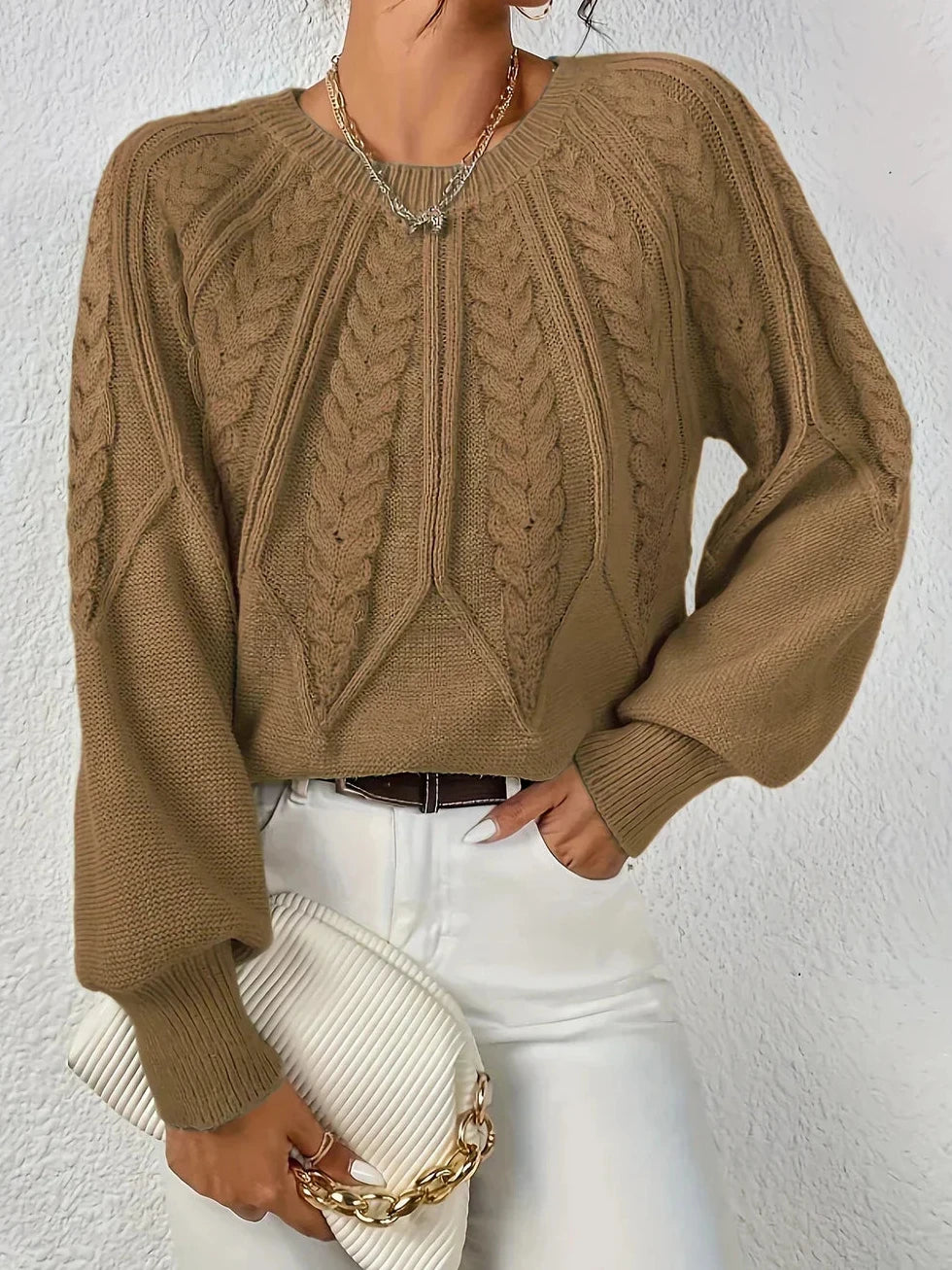 Pullover Damen mit Zopfmuster, Ballonärmeln und Rippbündchen
