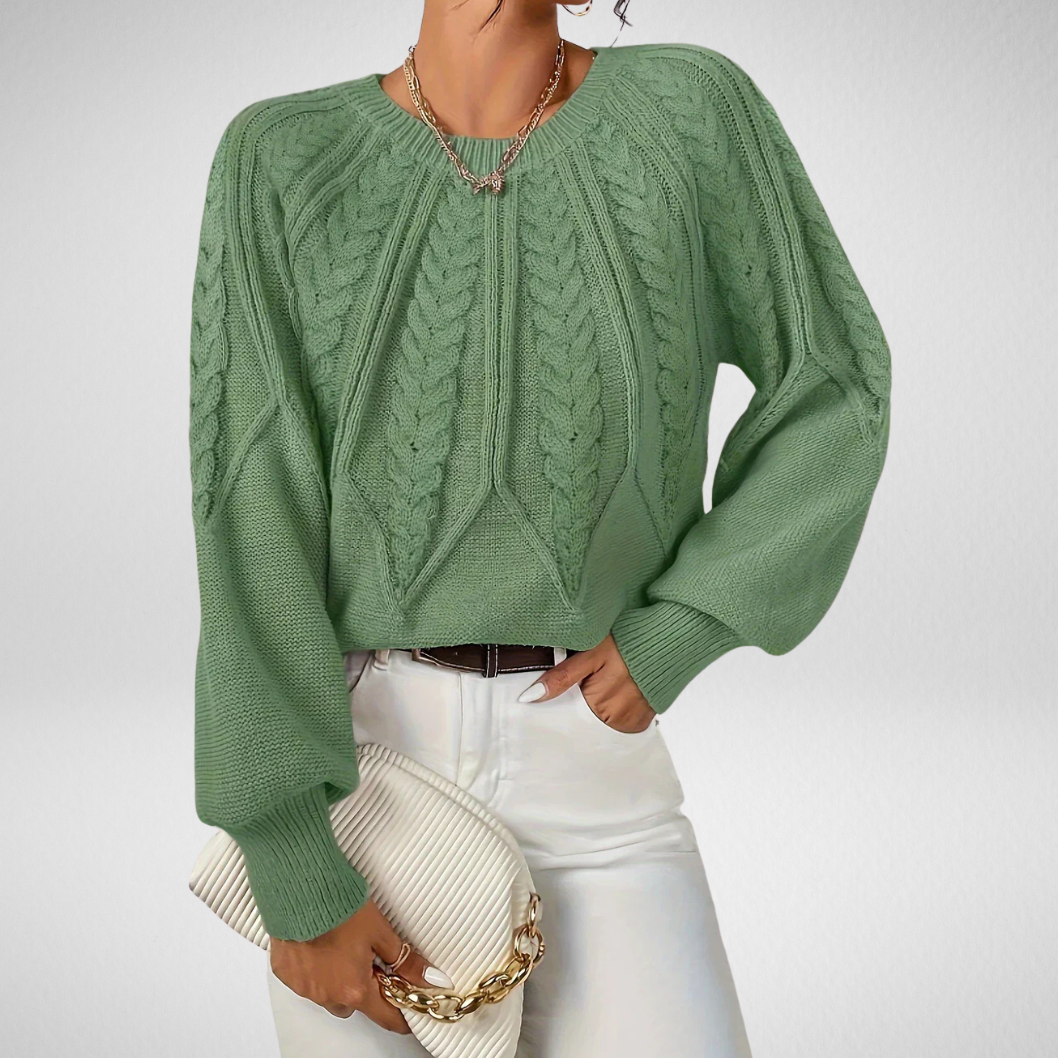 Pullover Damen mit Zopfmuster, Ballonärmeln und Rippbündchen