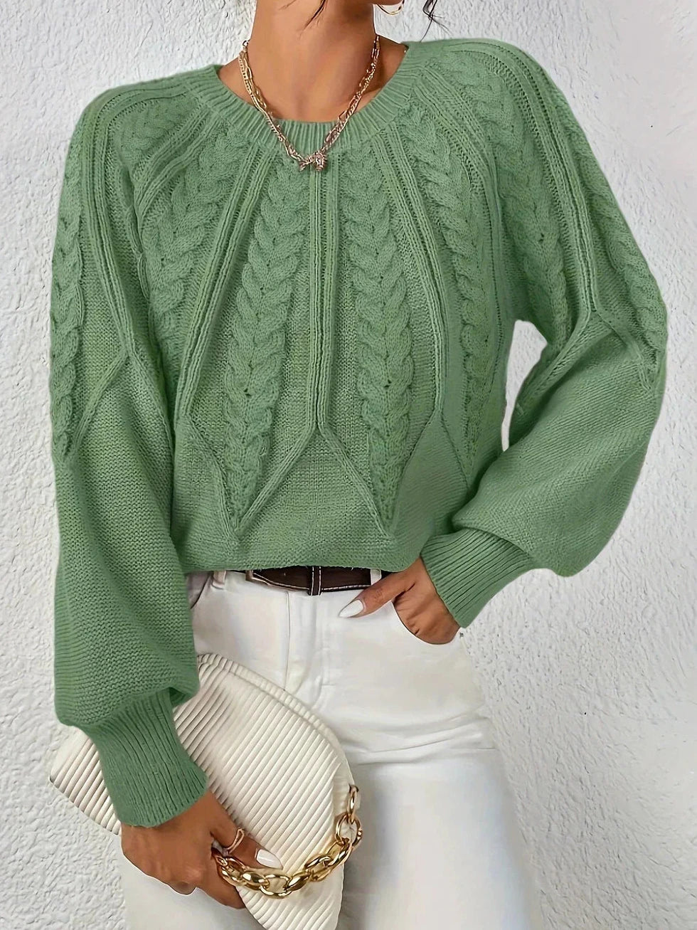 Pullover Damen mit Zopfmuster, Ballonärmeln und Rippbündchen