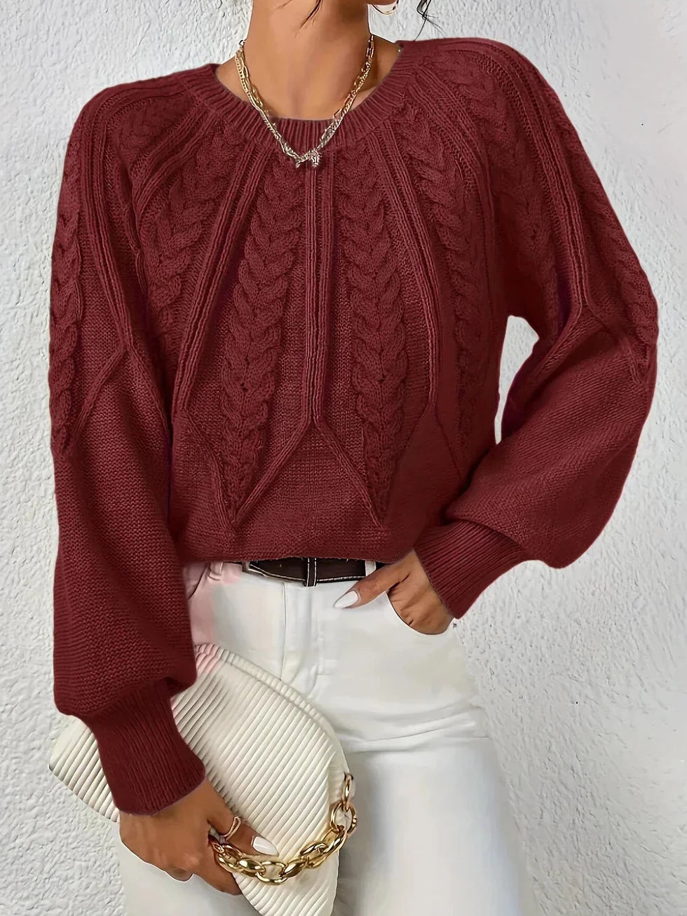 Pullover Damen mit Zopfmuster, Ballonärmeln und Rippbündchen