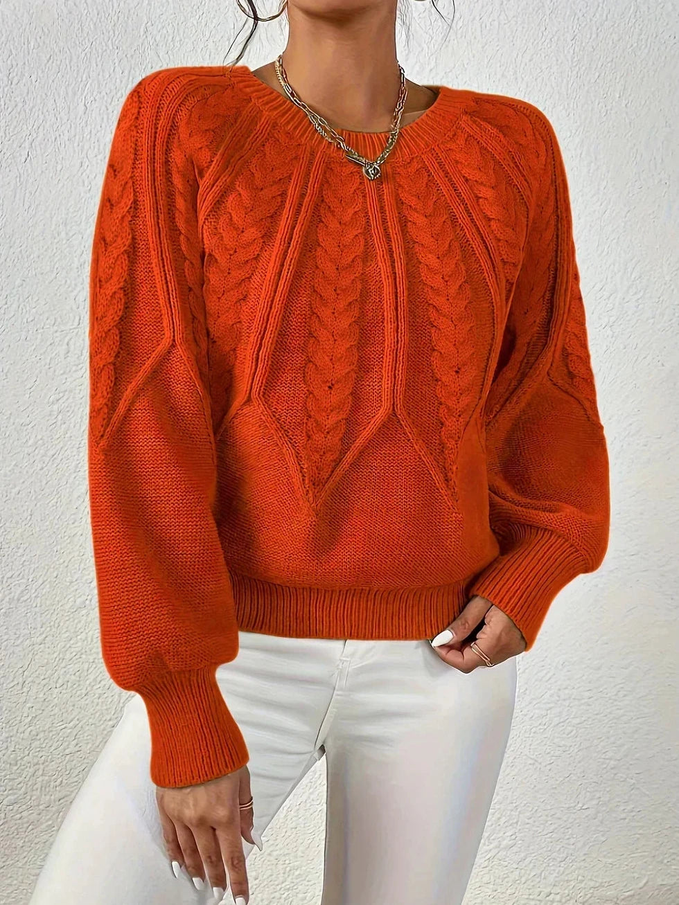 Pullover Damen mit Zopfmuster, Ballonärmeln und Rippbündchen