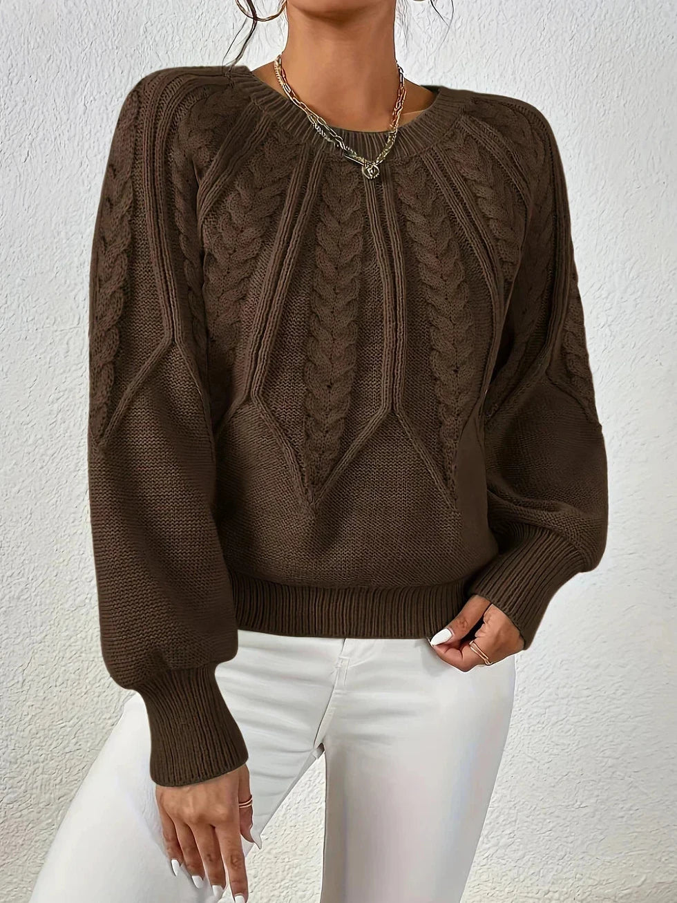 Pullover Damen mit Zopfmuster, Ballonärmeln und Rippbündchen