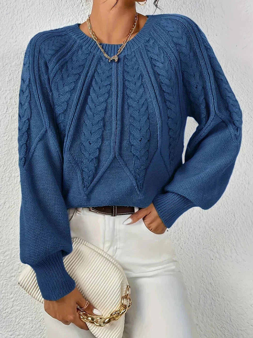 Pullover Damen mit Zopfmuster, Ballonärmeln und Rippbündchen