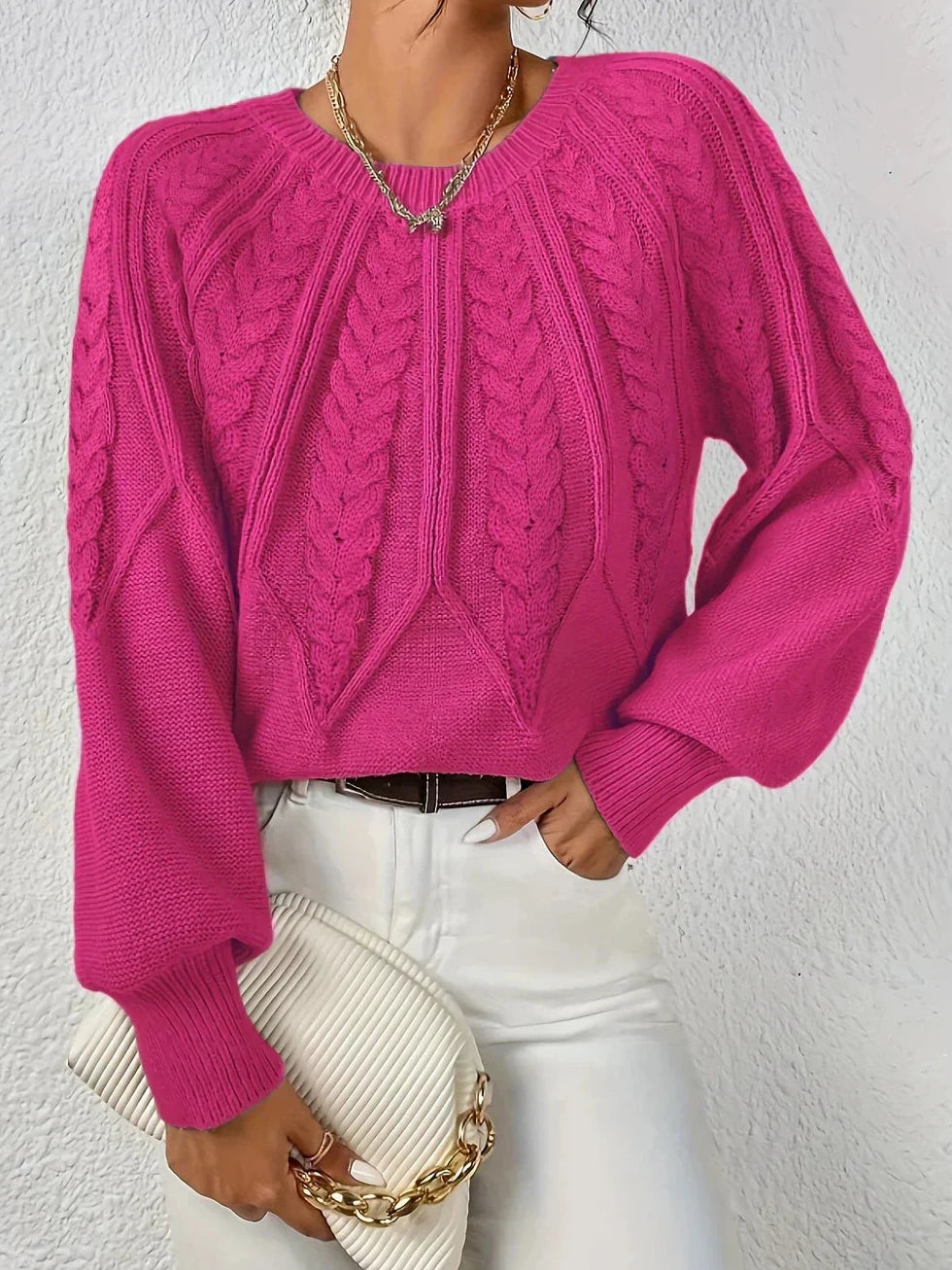 Pullover Damen mit Zopfmuster, Ballonärmeln und Rippbündchen