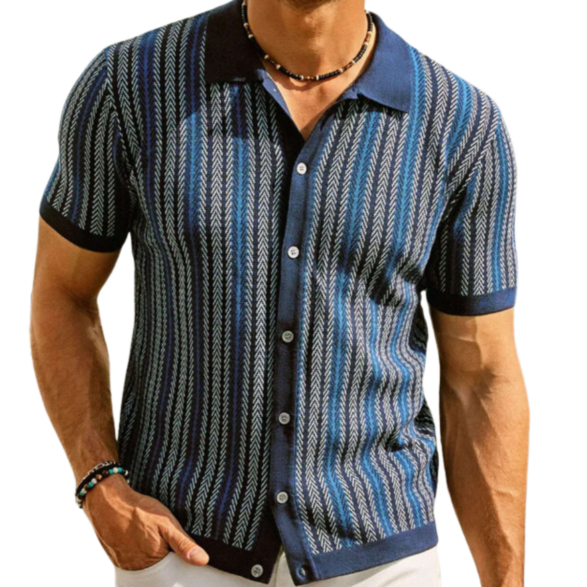 Poloshirt Herren Polopullover, Knopfleiste, Streifenmuster, Feinstrick
