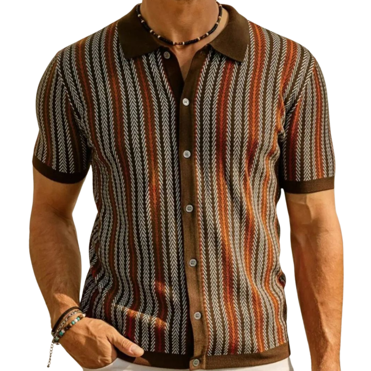 Poloshirt Herren Polopullover, Knopfleiste, Streifenmuster, Feinstrick