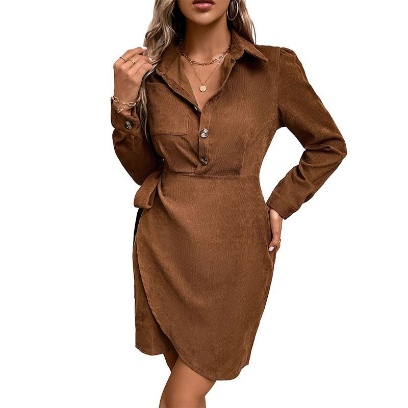 Cordkleid mit Hemdkragen und Wickelschnitt für Damen