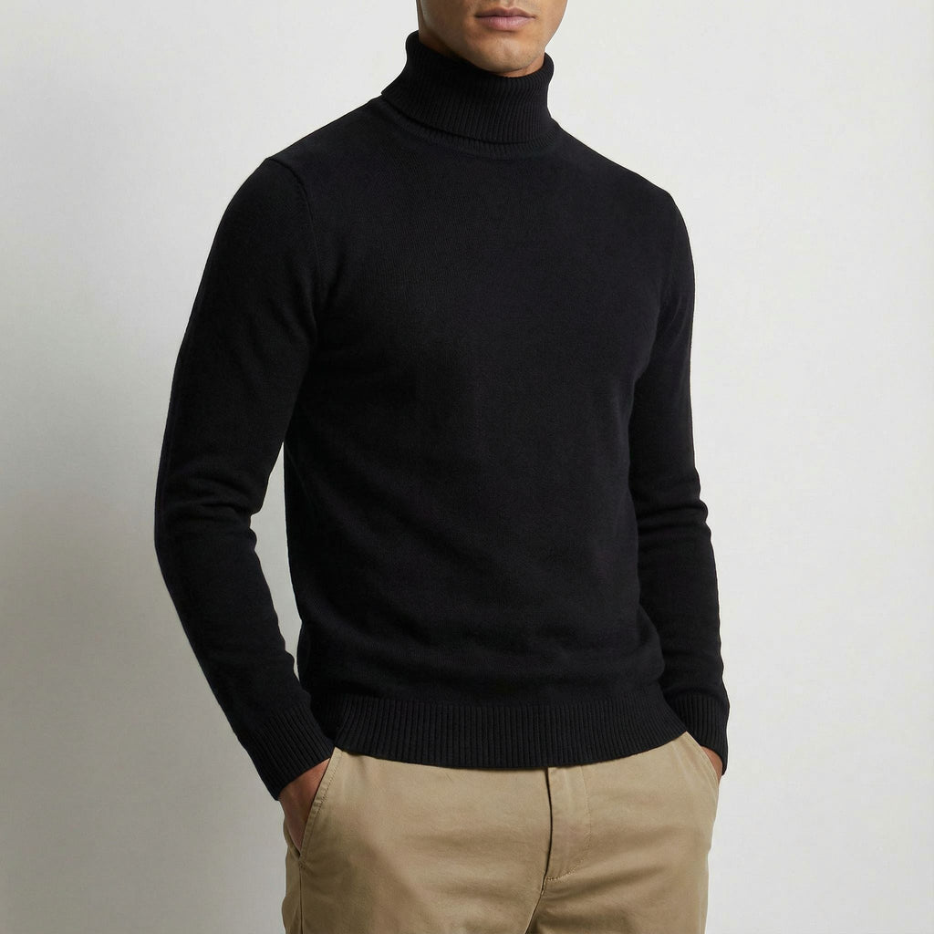 Herren Rollkragenpullover aus Feinstrick in Schwarz, Seitenansicht