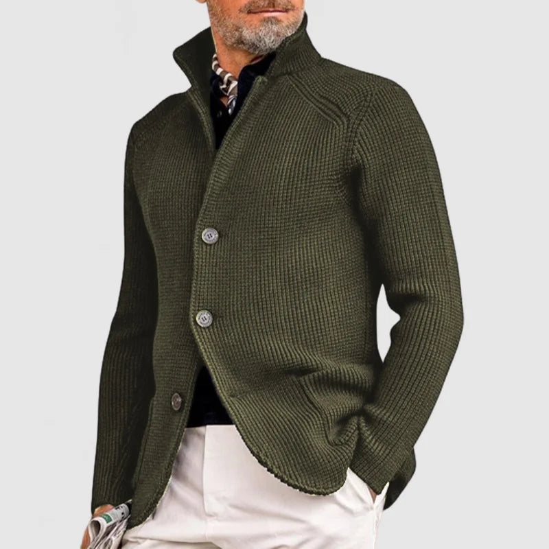 Herren Strickjacke mit Stehkragen und Knopfleiste, Grobstrick