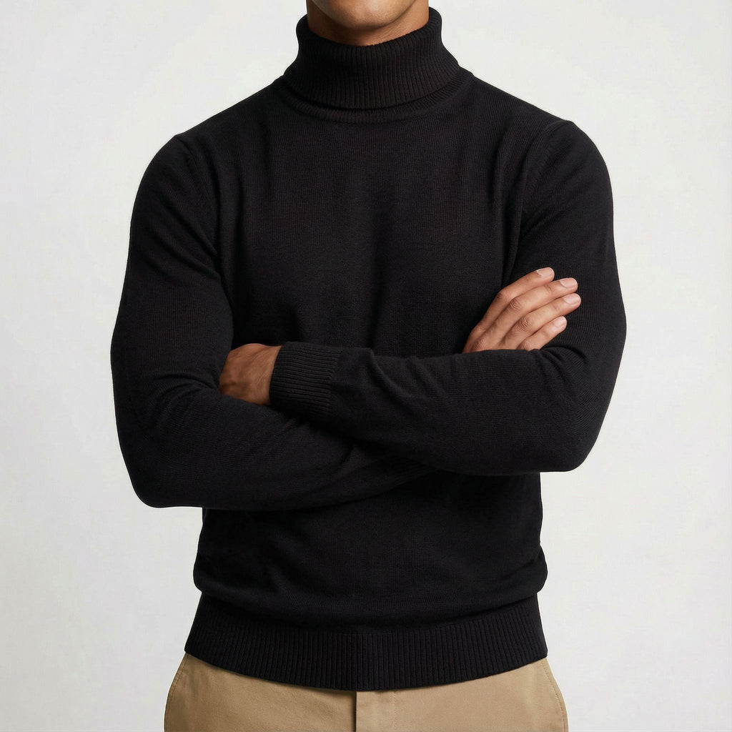Herren Rollkragenpullover aus Feinstrick in Schwarz, Detailansicht