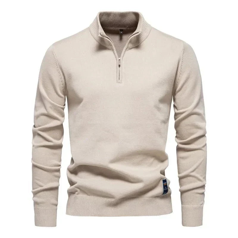 Herren Feinstrick-Pullover mit Troyer-Kragen in Beige