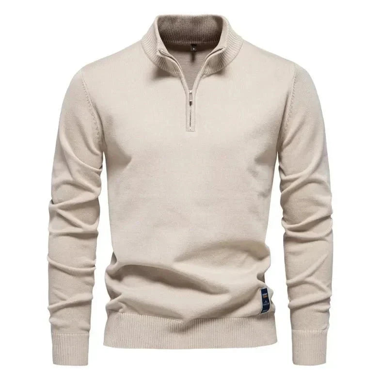 Bayer Modehaus - Herren Pullover mit Troyer-Kragen und Reißverschluss, Feinstrick in Beige