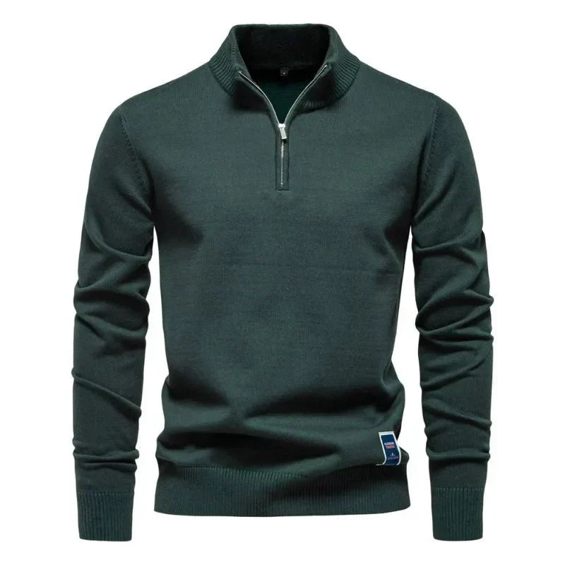 Herren Feinstrick-Pullover mit Troyer-Kragen in Grün