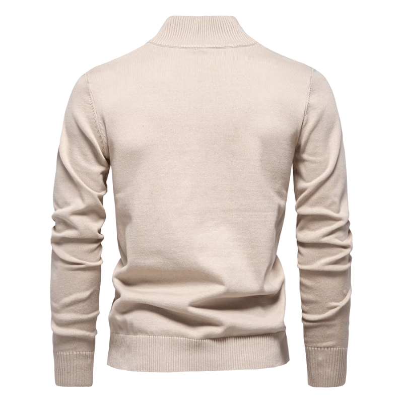Herren Feinstrick-Pullover mit Troyer-Kragen in Beige, Rückansicht