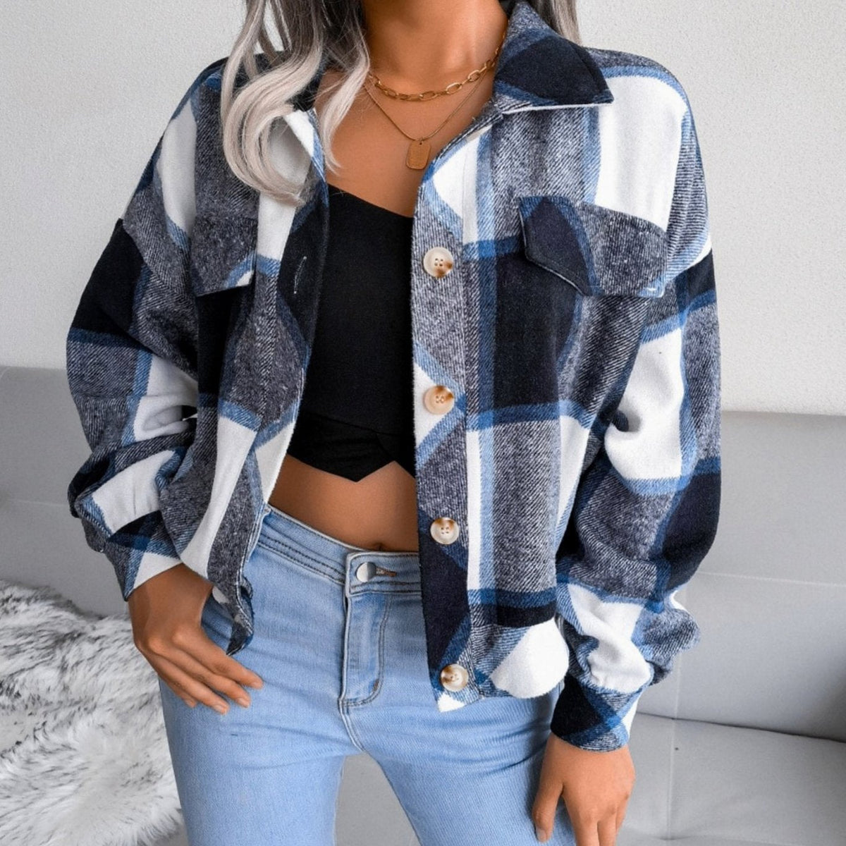 Pullover Damen im Karomuster mit Knopfleiste, Strick in Flanelloptik