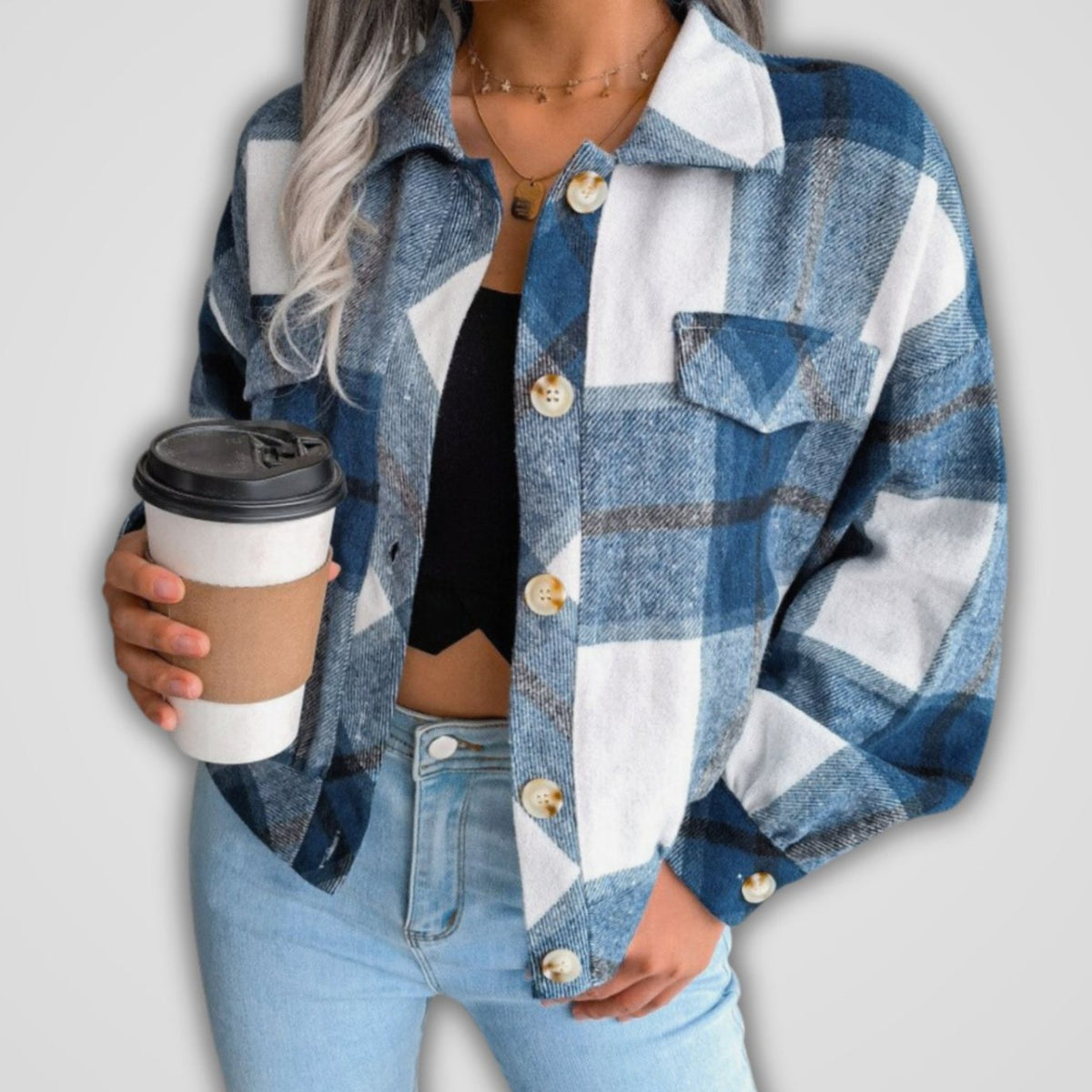 Pullover Damen im Karomuster mit Knopfleiste, Strick in Flanelloptik