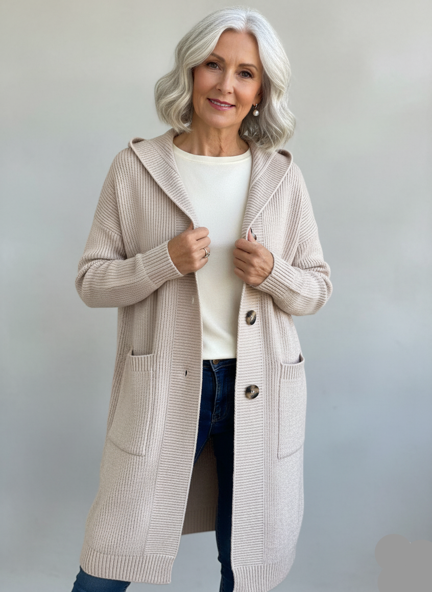 Bayer Modehaus - Damen Longcardigan in Rippstrick mit Kapuze und Taschen in Beige