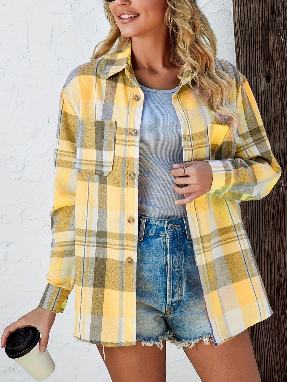 Flanellhemd Damen Oversized Langarm mit Karomuster und Knopfleiste
