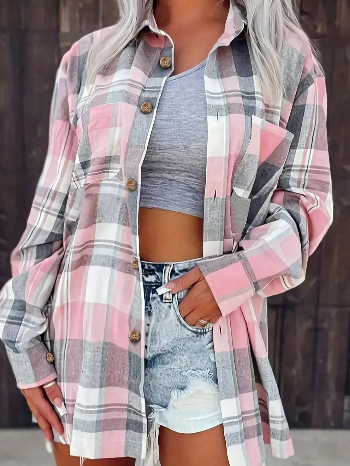 Flanellhemd Damen Oversized Langarm mit Karomuster und Knopfleiste
