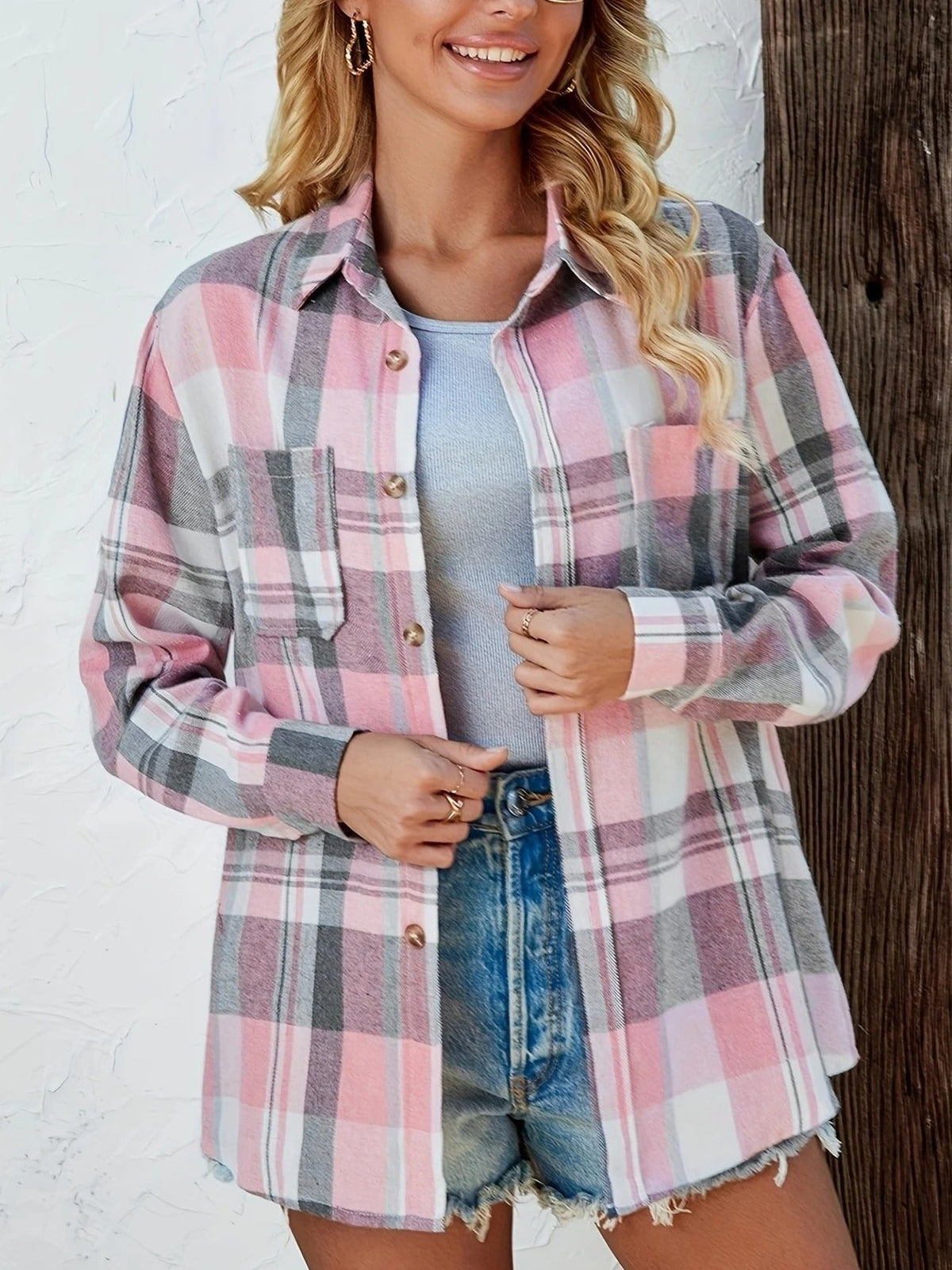 Flanellhemd Damen Oversized Langarm mit Karomuster und Knopfleiste