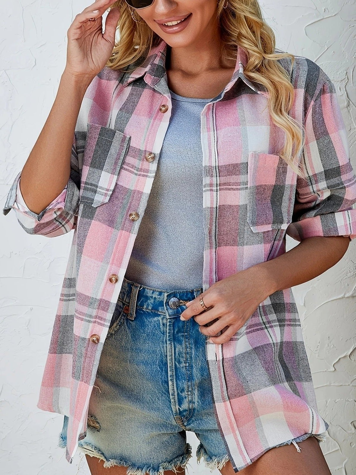 Flanellhemd Damen Oversized Langarm mit Karomuster und Knopfleiste