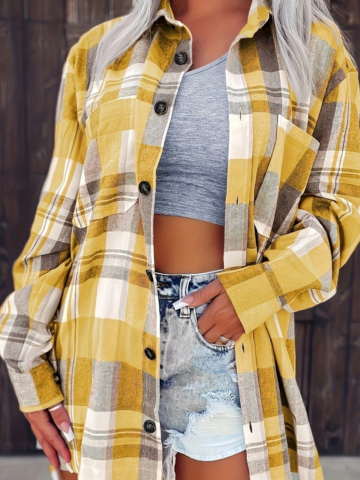 Flanellhemd Damen Oversized Langarm mit Karomuster und Knopfleiste