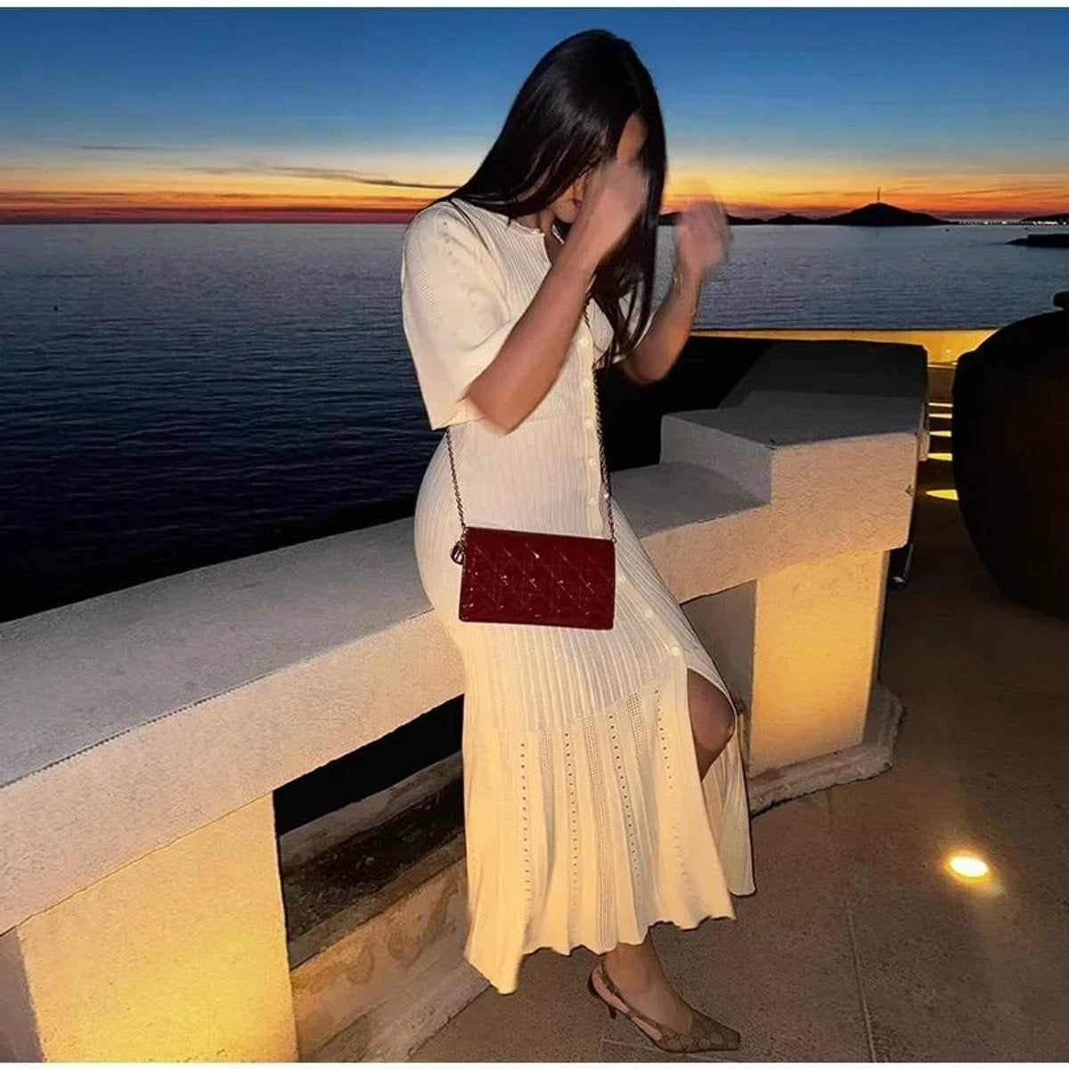 Damen Strickkleid Langarm Maxikleid mit V-Ausschnitt aus Rippenstrick
