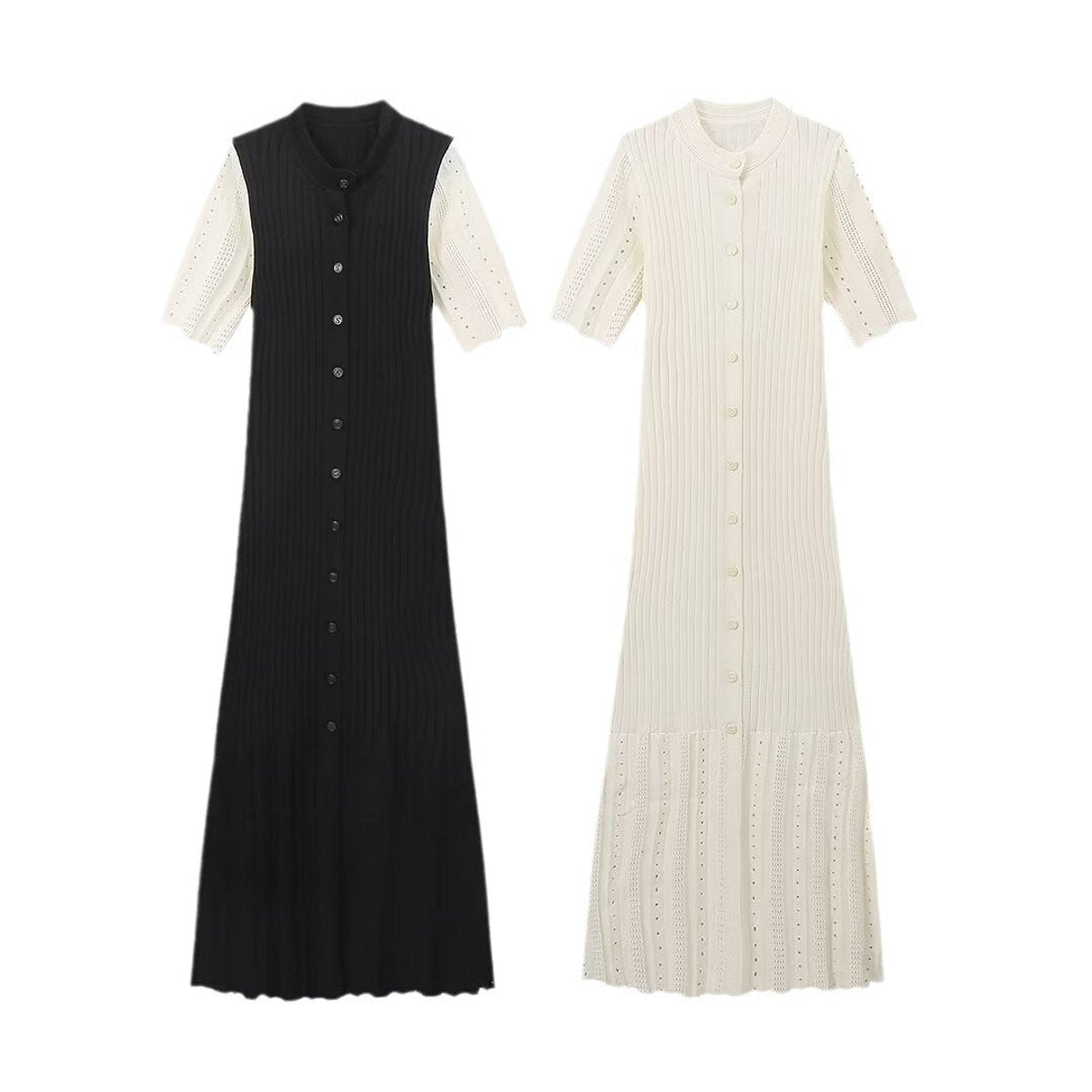 Damen Strickkleid Langarm Maxikleid mit V-Ausschnitt aus Rippenstrick