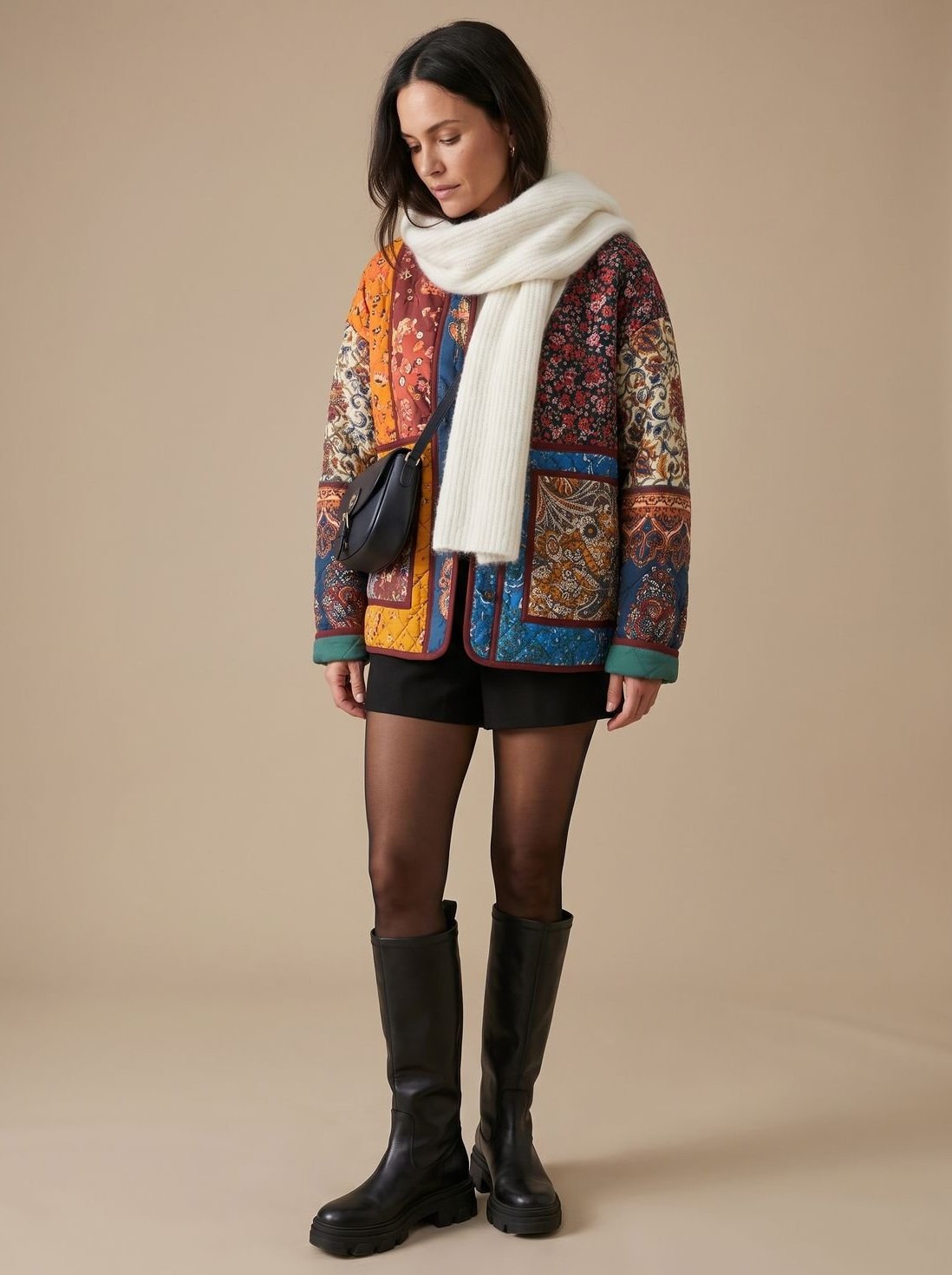Damen Winterjacke mit Patchworkmuster gesteppt und Stehkragen