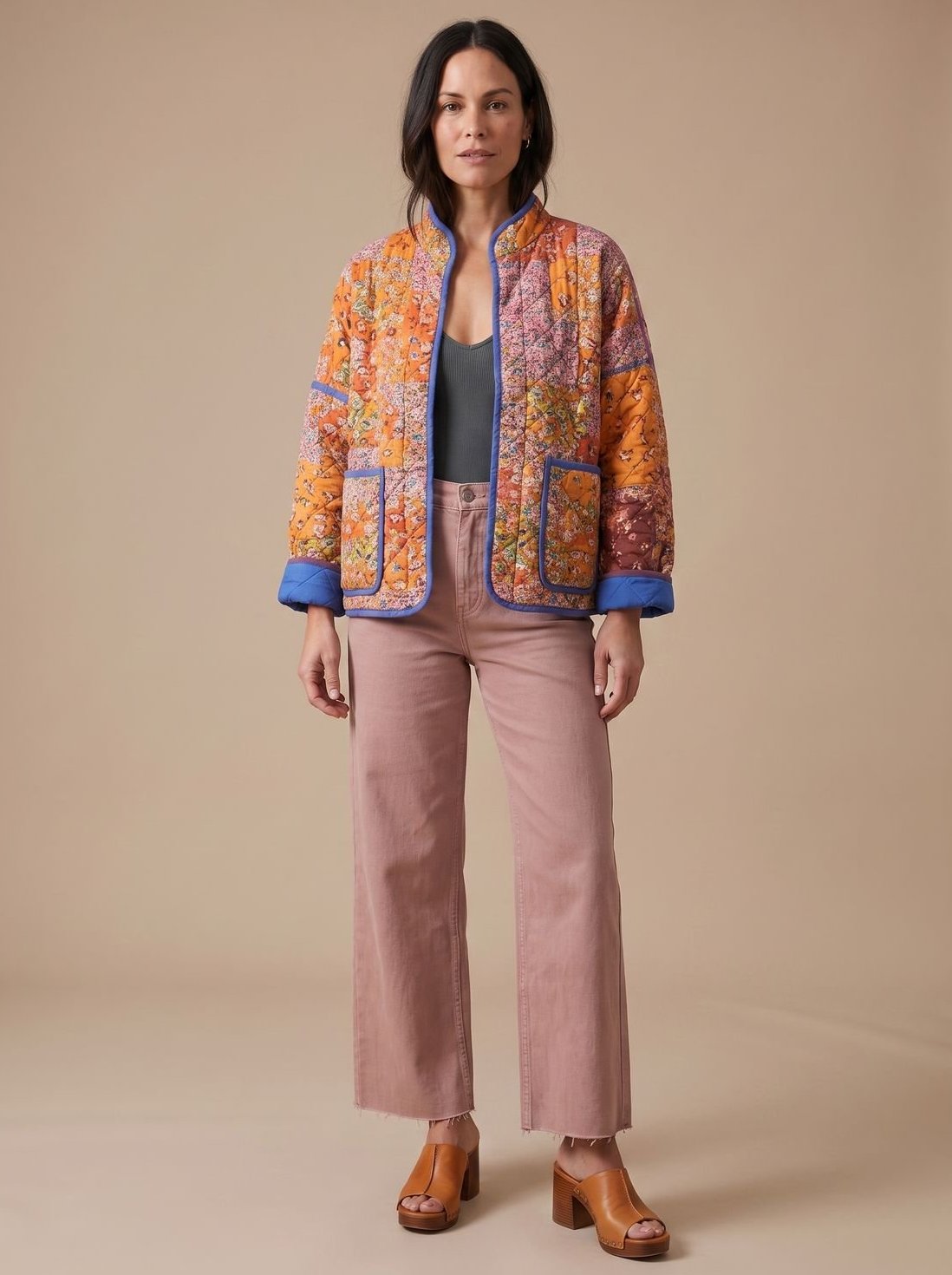 Damen Winterjacke mit Patchworkmuster gesteppt und Stehkragen