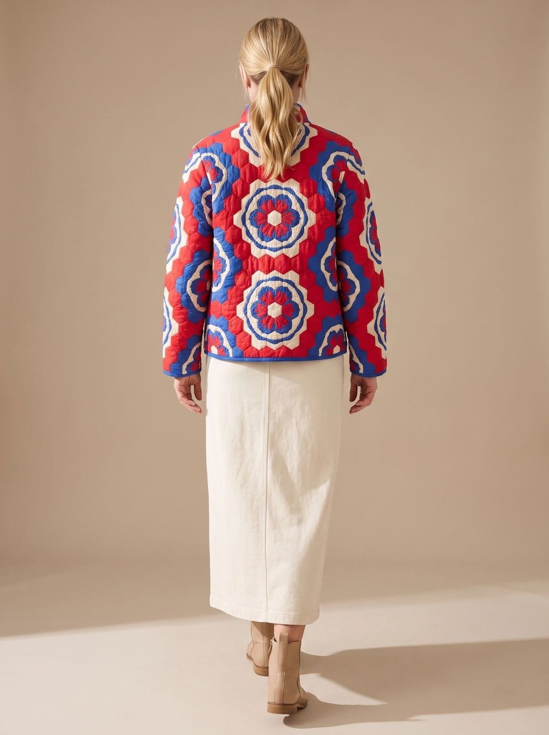 Damen Winterjacke mit Patchworkmuster gesteppt und Stehkragen